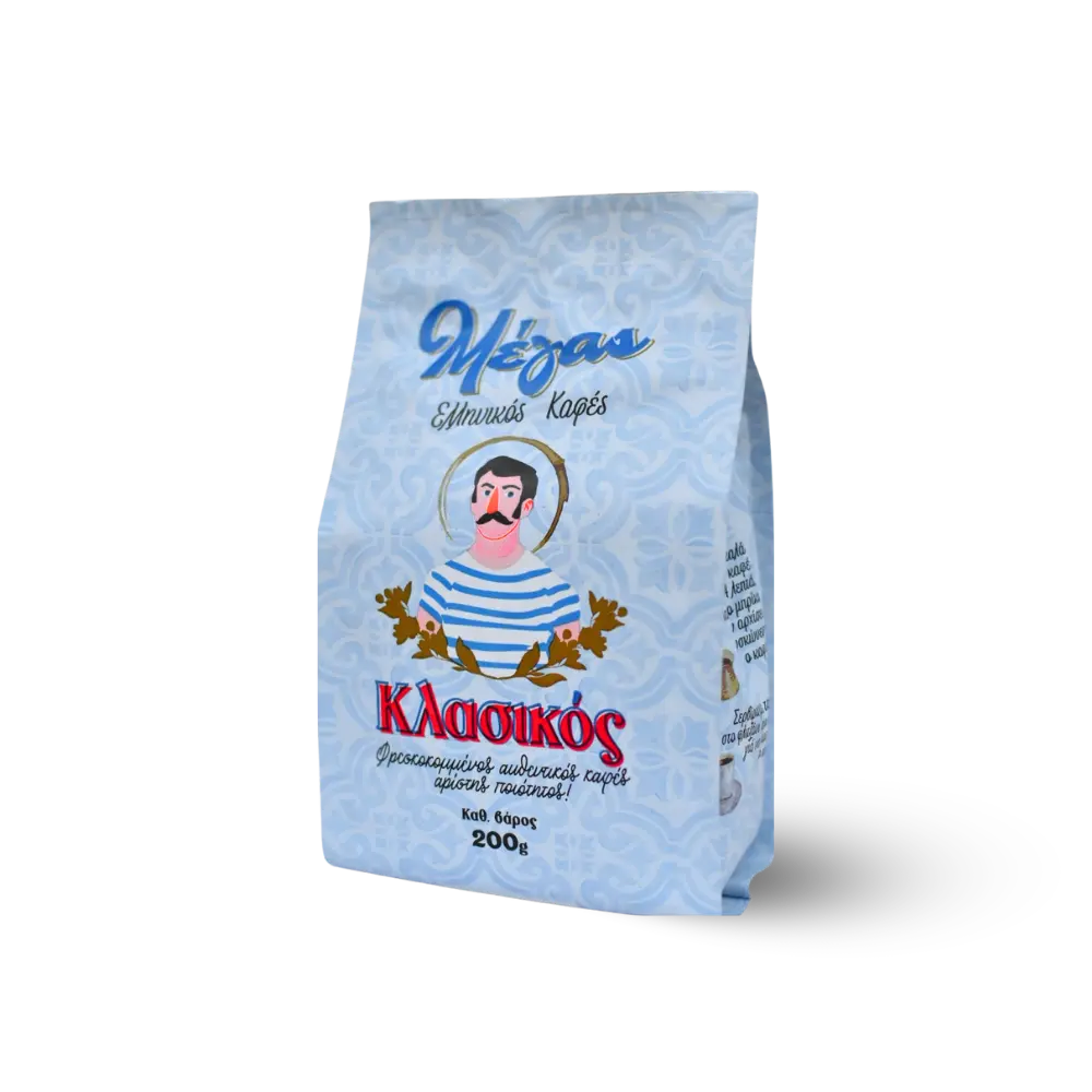 A 200g bag of Megas Efimeris Kopis ΣKalogφs whole bean coffee, featuring a light blue patterned bag with a cartoon illustration of a man in a sailor shirt and red Greek text.